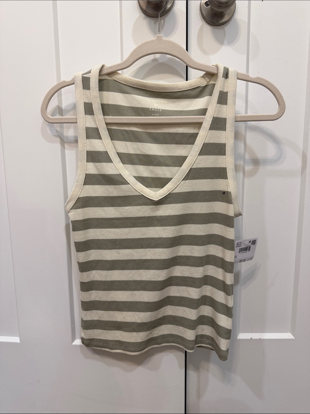 American Eagle Outfitters Olive & Cream Striped V-Neck Tank